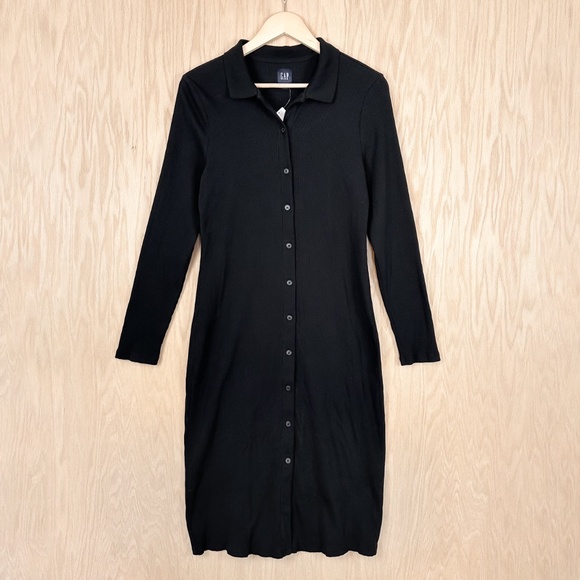 Gap Black Button Down Midi Shirt Dress – Long Sleeve, Collared, Ribbed Knit - Picture 3 of 10